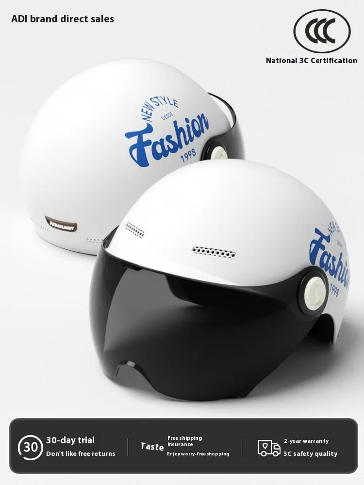 Women's four seasons universal battery car half helmet ABS in cyan with detachable short sun protection glasses