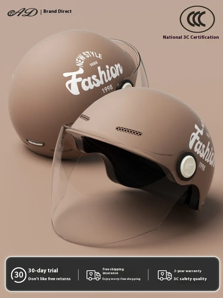 Women's four seasons universal battery car half helmet ABS in cyan with detachable short sun protection glasses