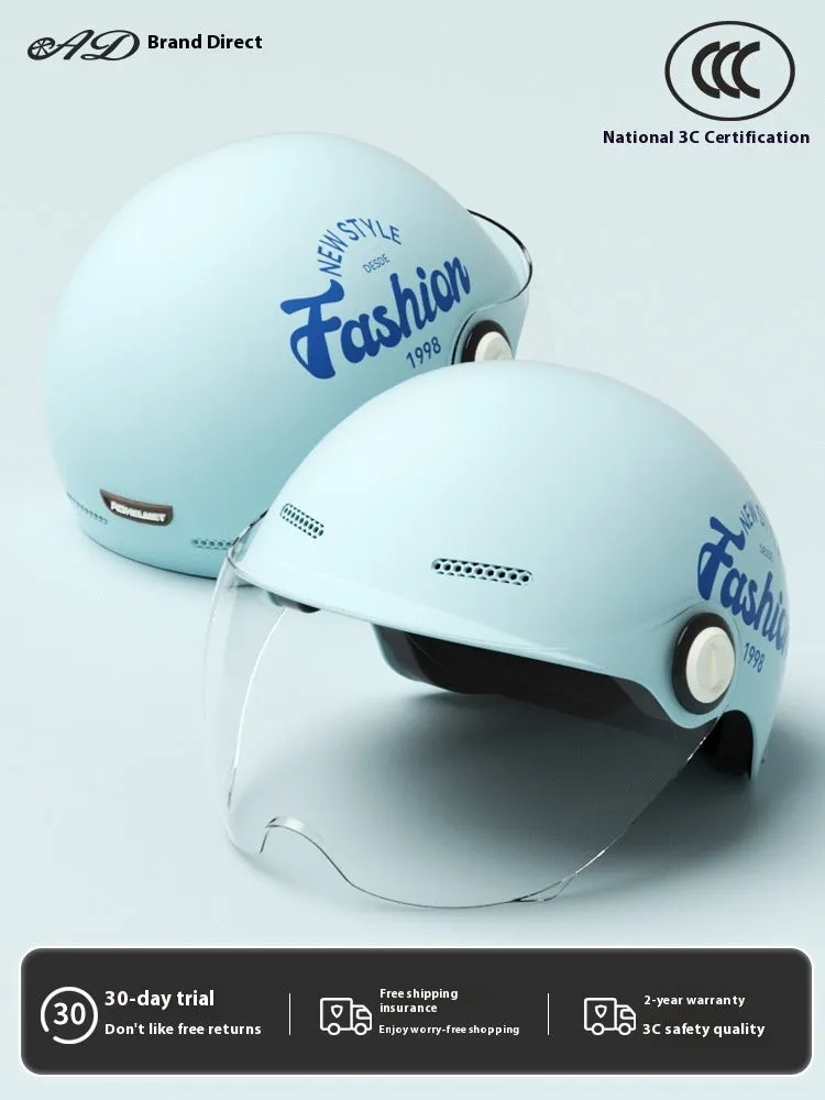 Women's four seasons universal battery car half helmet ABS in cyan with detachable short sun protection glasses