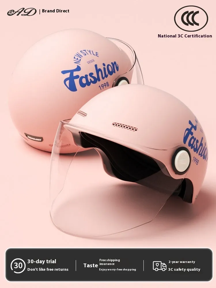 Women's four seasons universal battery car half helmet ABS in cyan with detachable short sun protection glasses