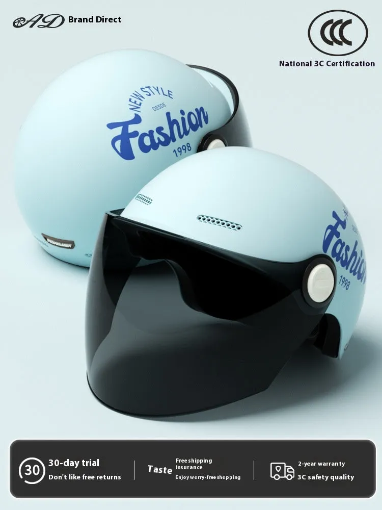 Women's four seasons universal battery car half helmet ABS in cyan with detachable short sun protection glasses