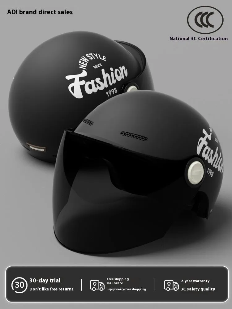 Women's four seasons universal battery car half helmet ABS in cyan with detachable short sun protection glasses