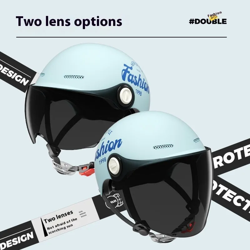 Women's four seasons universal battery car half helmet ABS in cyan with detachable short sun protection glasses