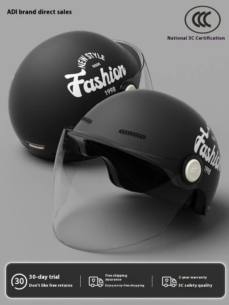 Women's four seasons universal battery car half helmet ABS in cyan with detachable short sun protection glasses
