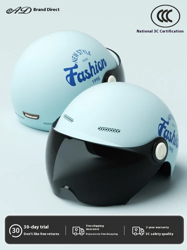 Women's four seasons universal battery car half helmet ABS in cyan with detachable short sun protection glasses