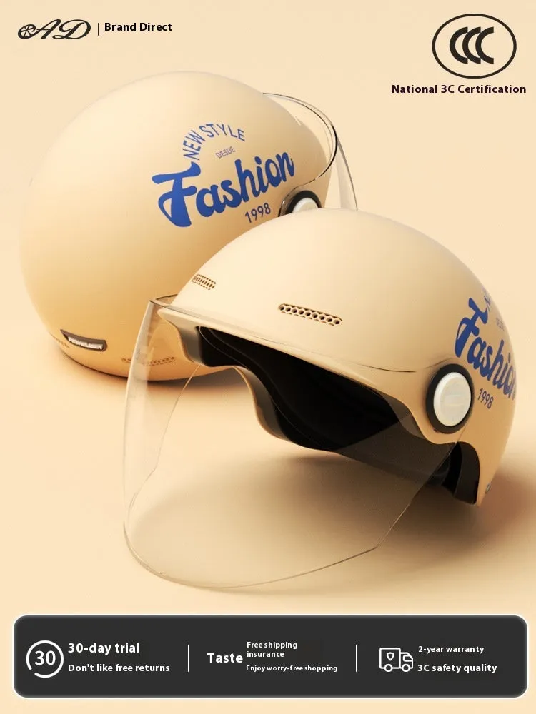 Women's four seasons universal battery car half helmet ABS in cyan with detachable short sun protection glasses