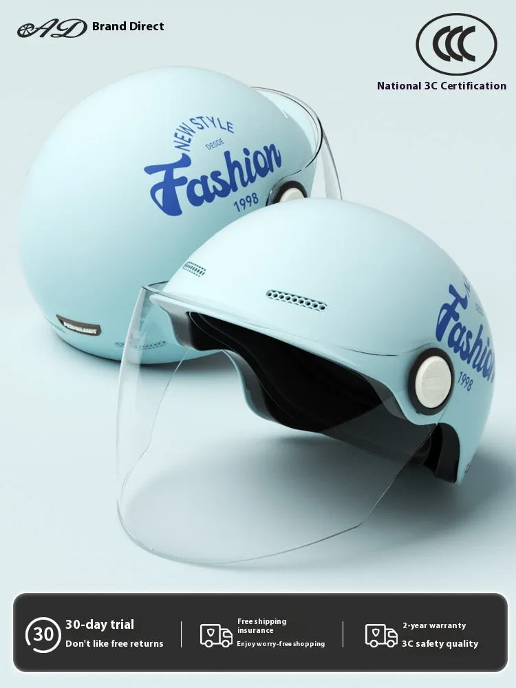 Women's four seasons universal battery car half helmet ABS in cyan with detachable short sun protection glasses