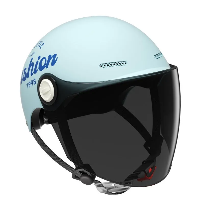 Women's four seasons universal battery car half helmet ABS in cyan with detachable short sun protection glasses