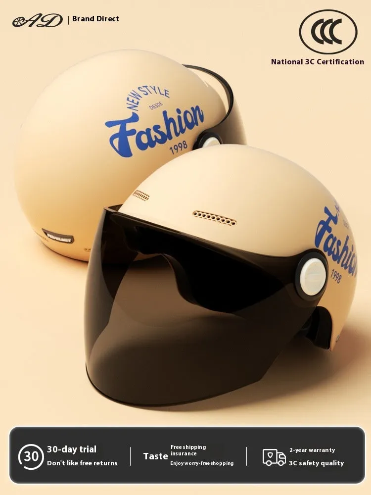 Women's four seasons universal battery car half helmet ABS in cyan with detachable short sun protection glasses