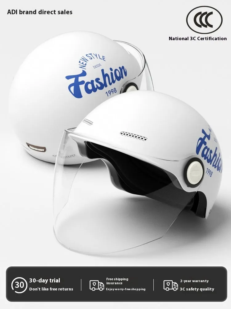 Women's four seasons universal battery car half helmet ABS in cyan with detachable short sun protection glasses