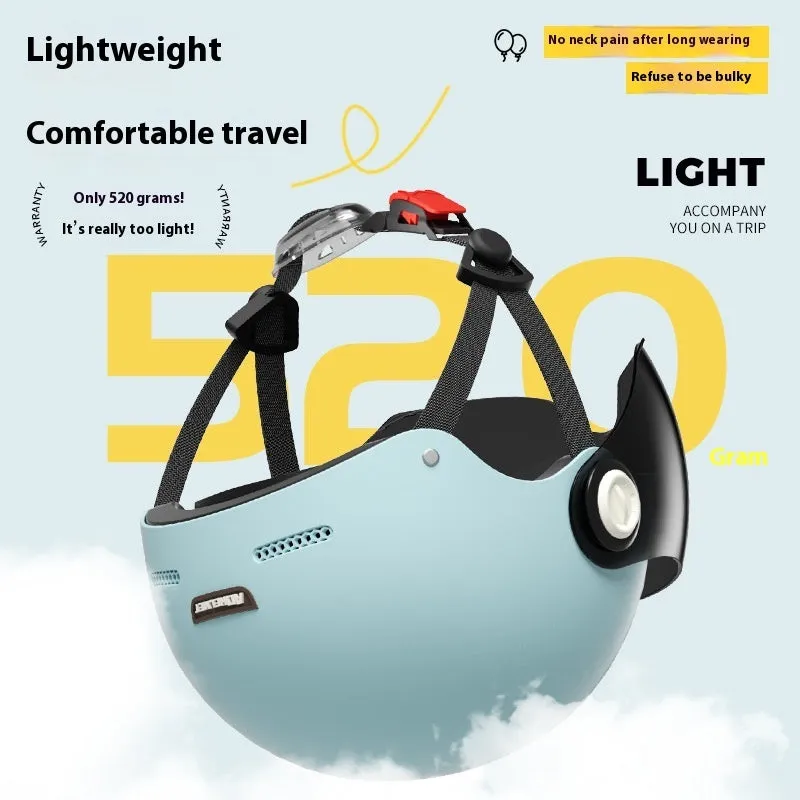 Women's four seasons universal battery car half helmet ABS in cyan with detachable short sun protection glasses