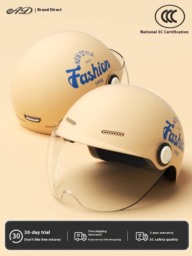 Women's four seasons universal battery car half helmet ABS in cyan with detachable short sun protection glasses