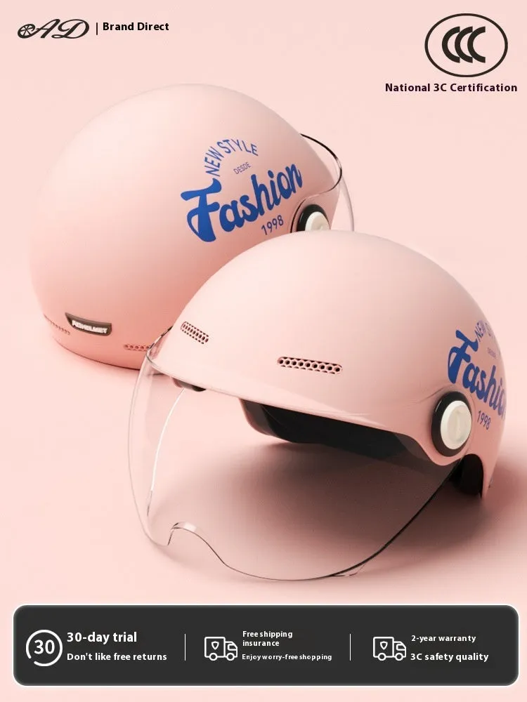 Women's four seasons universal battery car half helmet ABS in cyan with detachable short sun protection glasses