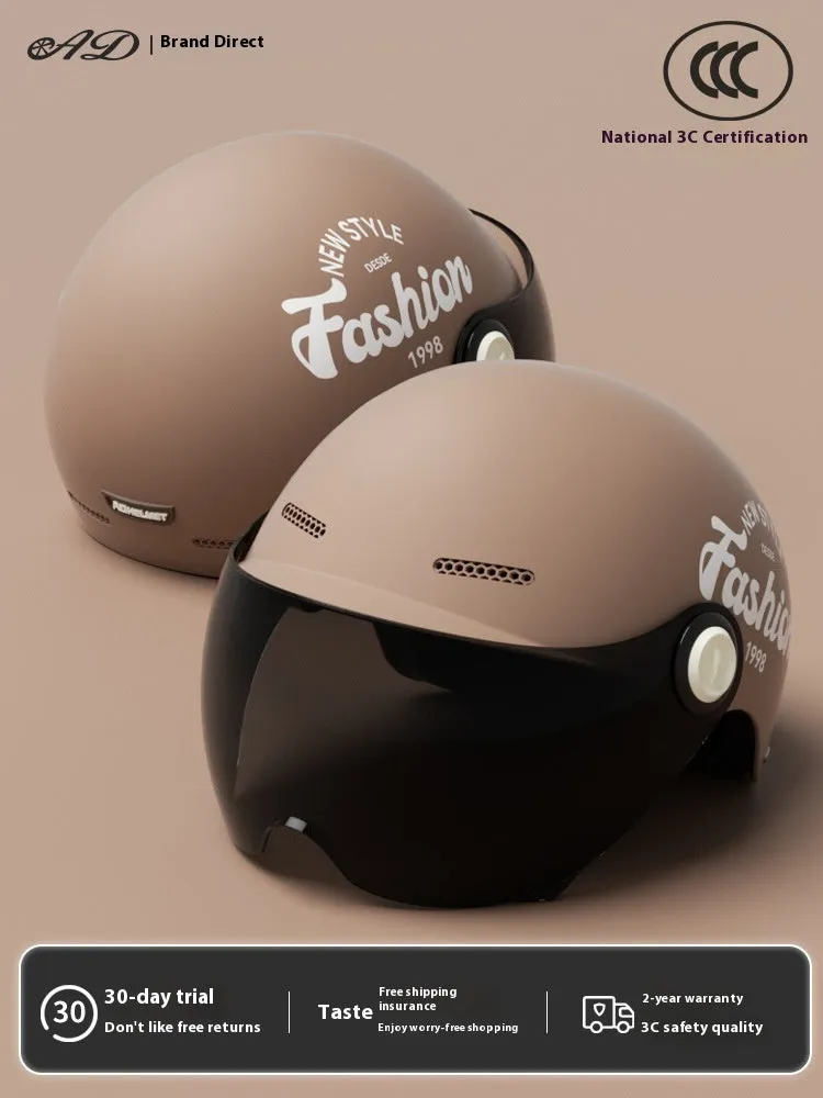 Women's four seasons universal battery car half helmet ABS in cyan with detachable short sun protection glasses
