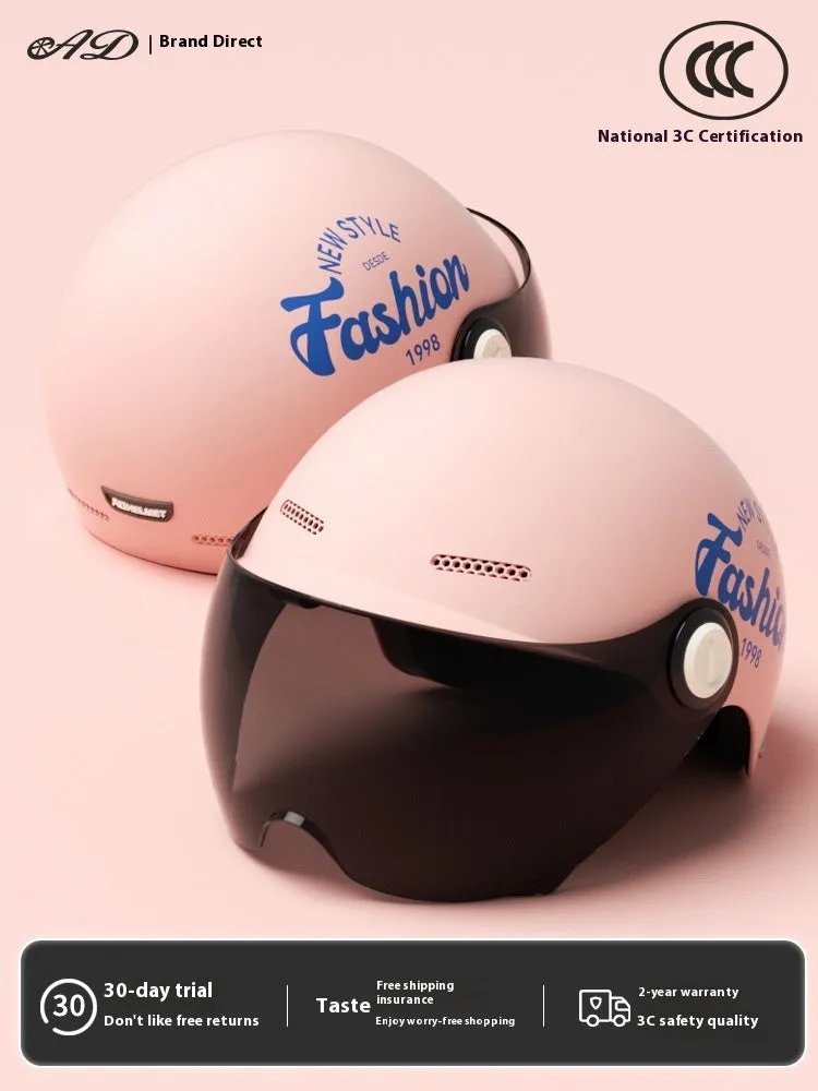 Women's four seasons universal battery car half helmet ABS in cyan with detachable short sun protection glasses