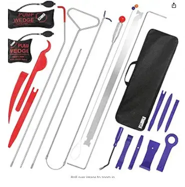 13-piece car tool kit with no damage air wedge bag and stainless steel long reach tools