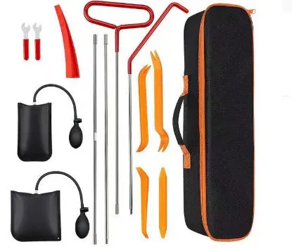 13-piece car tool kit with no damage air wedge bag and stainless steel long reach tools