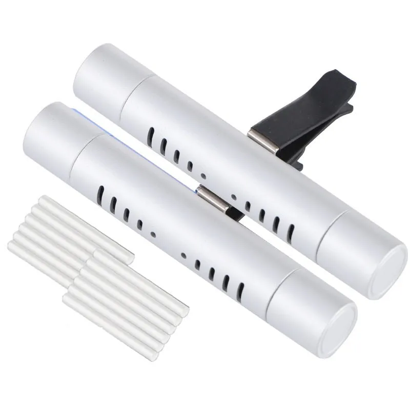 Solid metal car air vent clip air freshener with odourless incense sticks in one of five colour options.