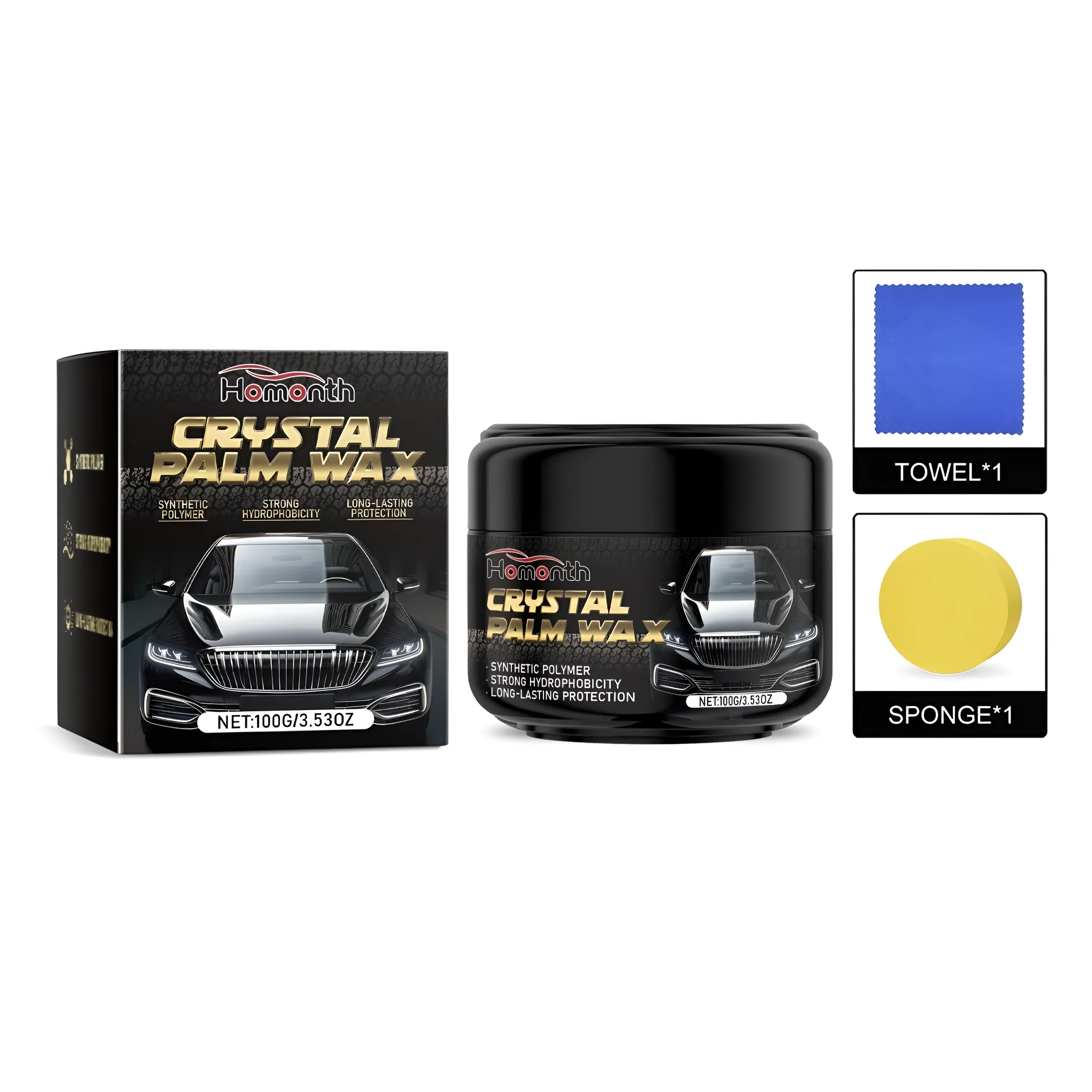Crystal Palm Wax car polish kit with paste container, sponge applicator and microfibre towel for paint restoration