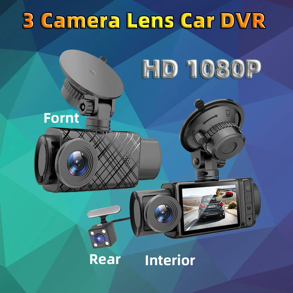 Black dashcam with 2 inch touch screen mounted on car dashboard showing 1080P recording display
