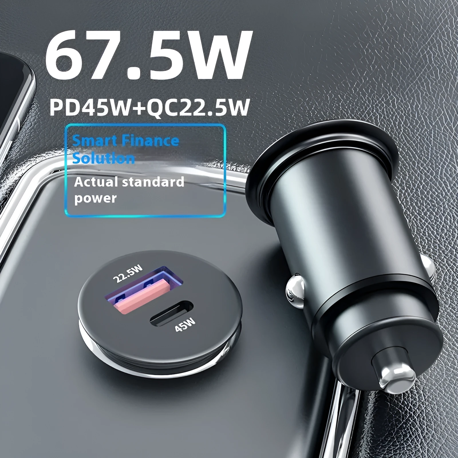 67.5W zinc alloy car charger with USB-A and USB-C ports, model SC-G03-67.5W, black