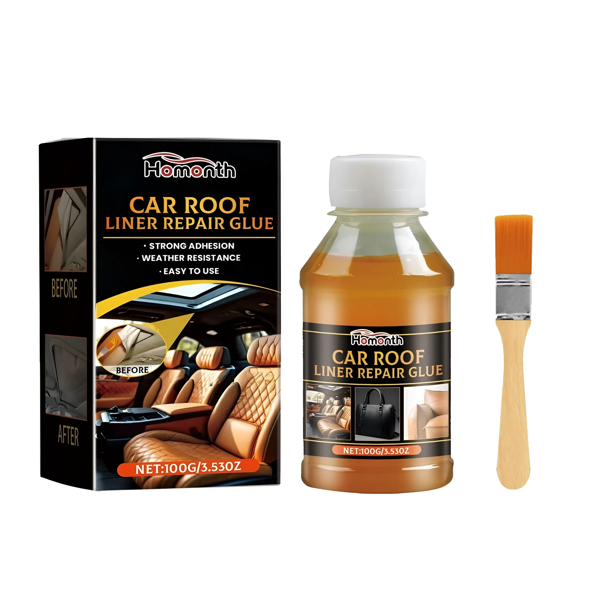100g tube of car roof liner repair glue and a brush applicator on a white background.