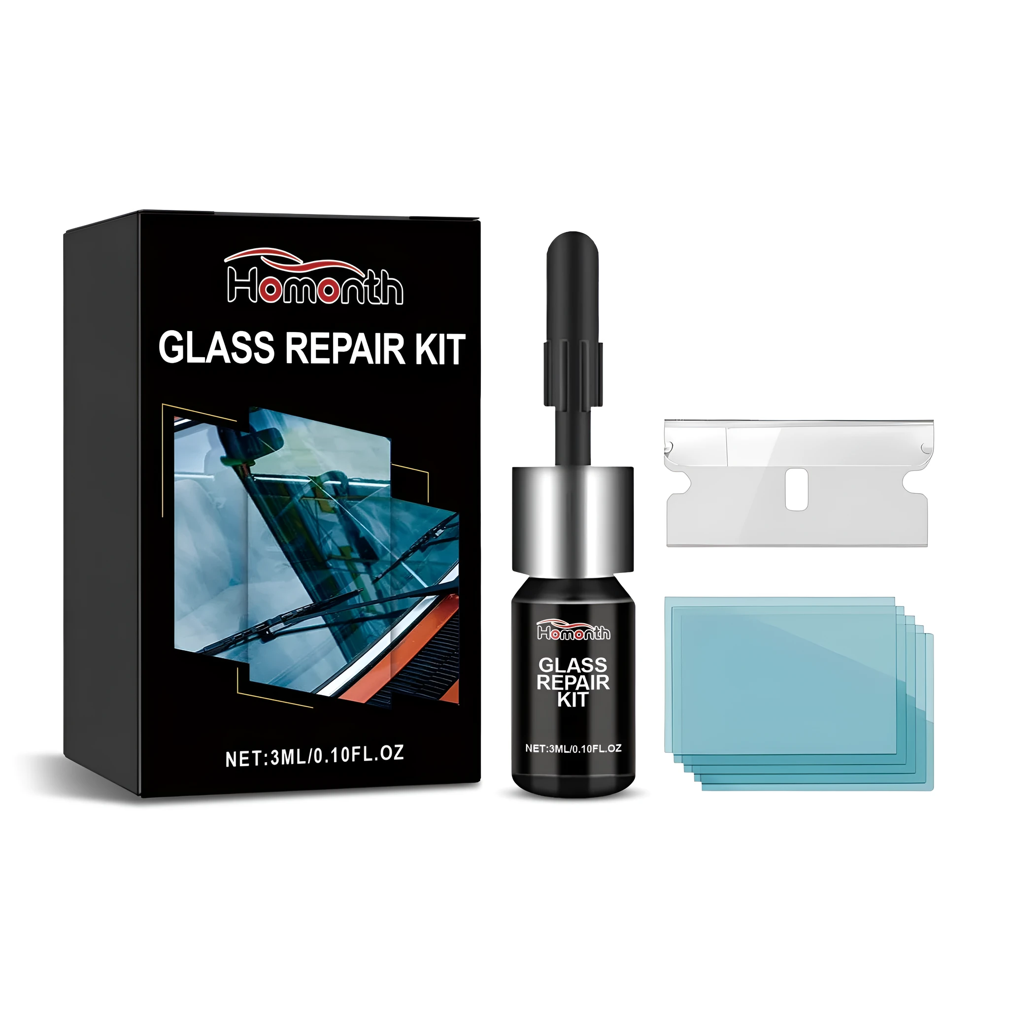 Glass repair kit with 3ml resin bottle, PET blade, and five cured films on a surface