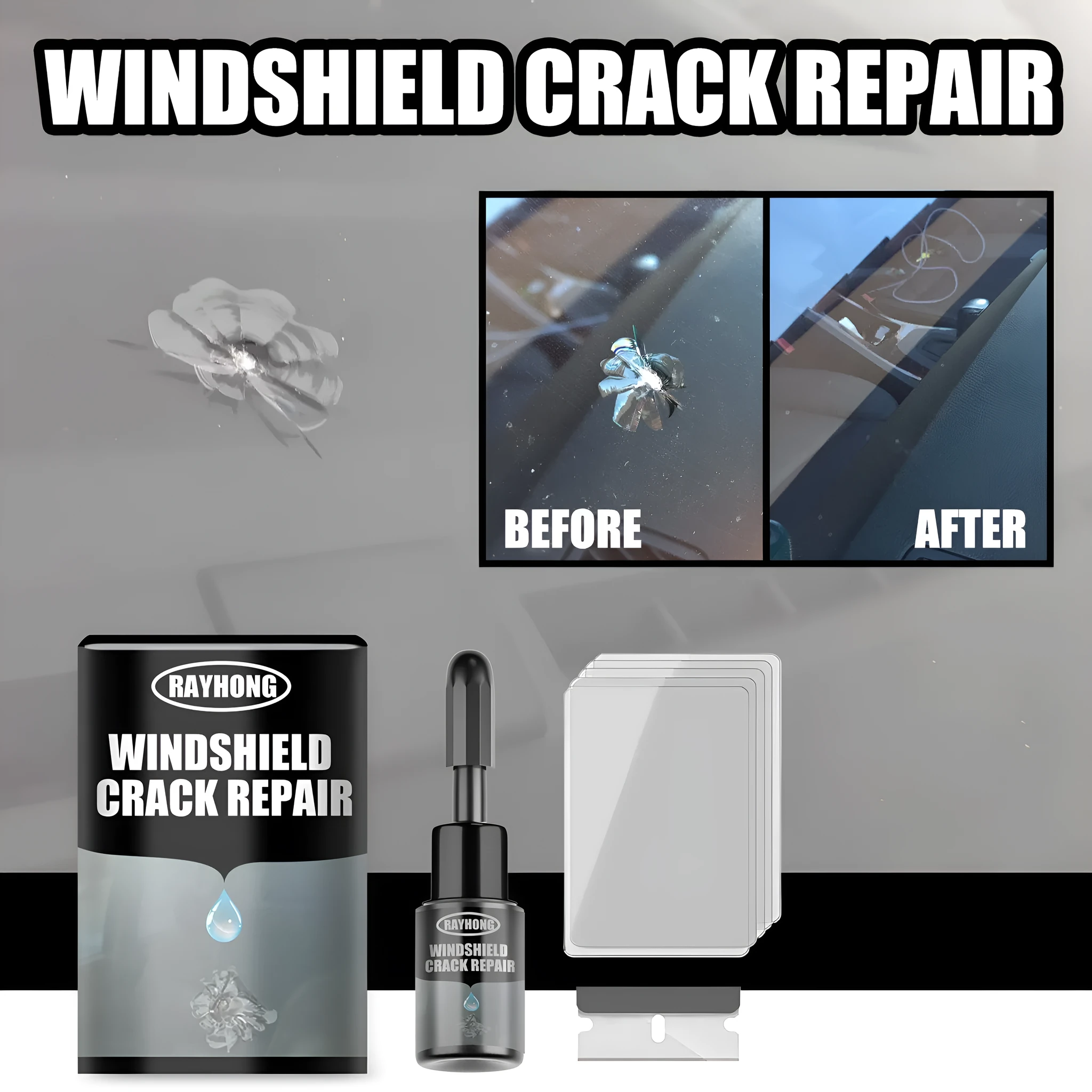 Car windshield repair agent crack kit with 20ml solution and curing films