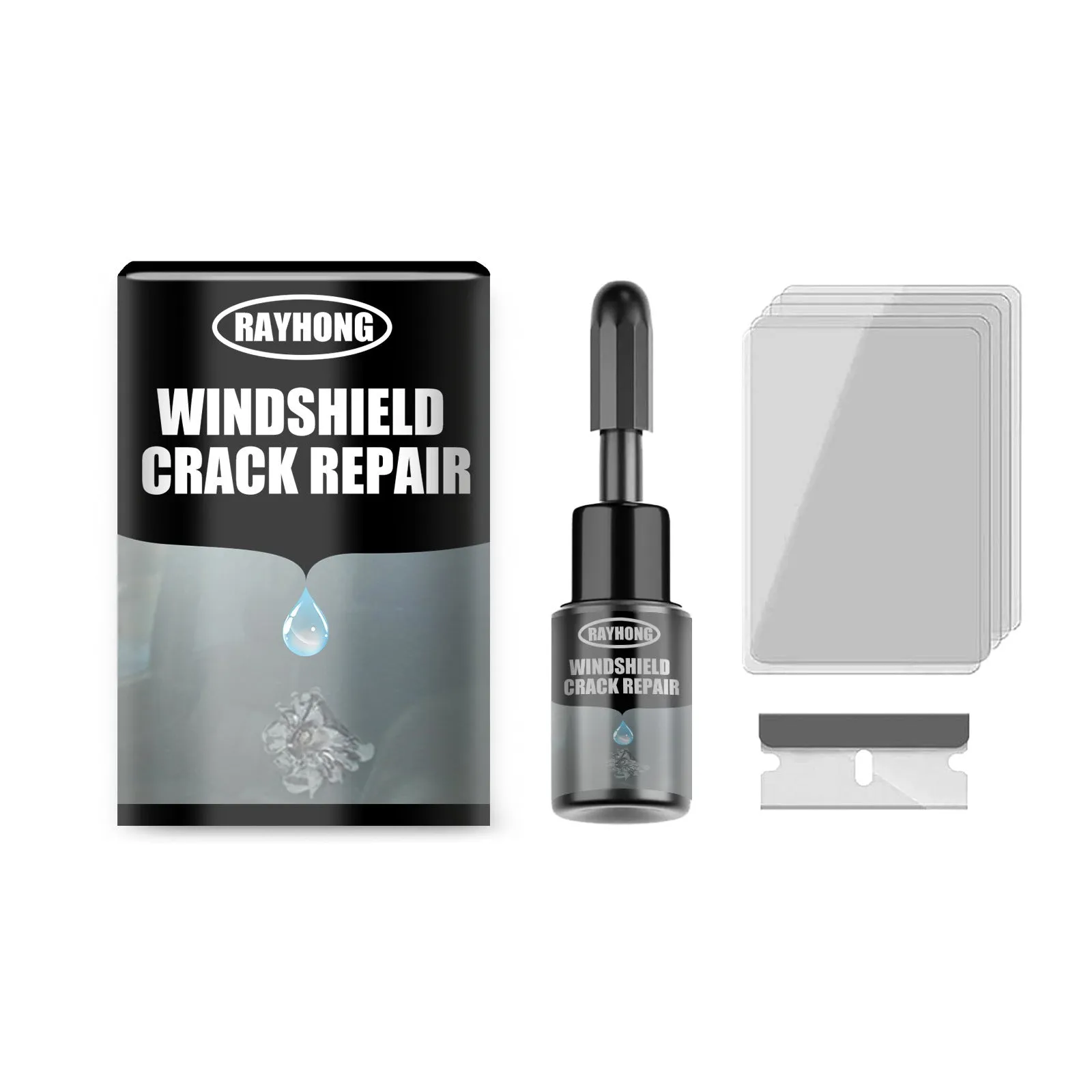 Car windshield repair agent crack kit with 20ml solution and curing films