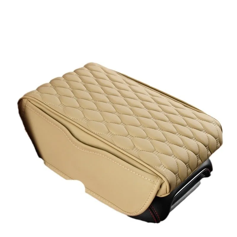 Leather car armrest box organiser in brown, measuring 32x22x5 cm for general vehicle models