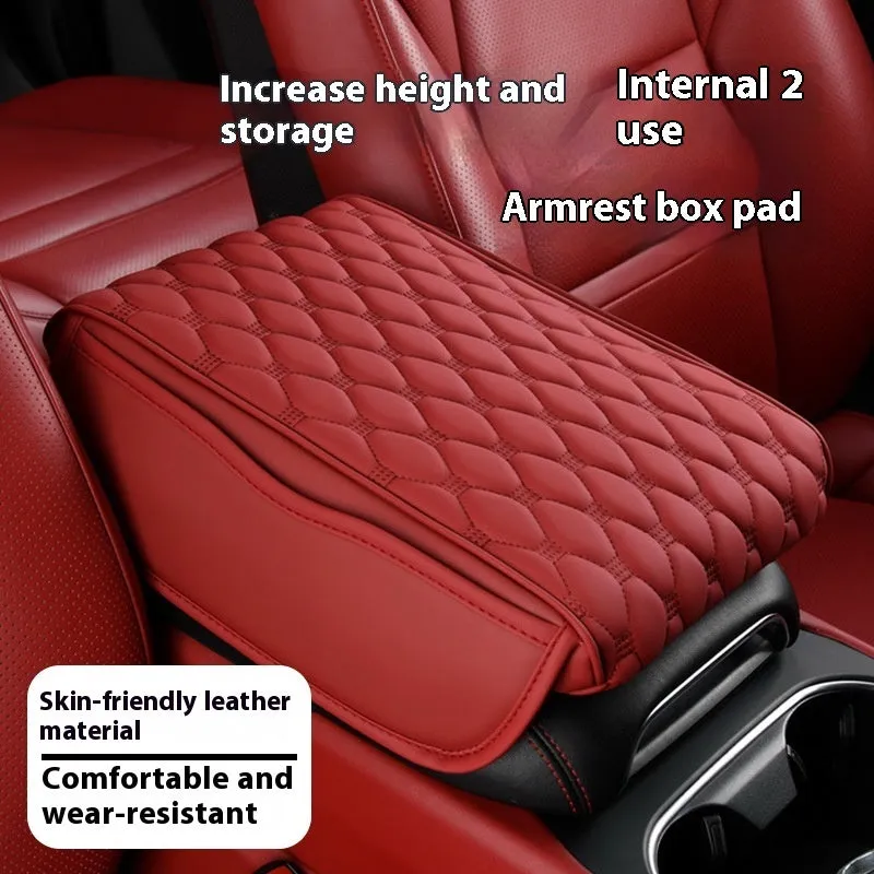 Leather car armrest box organiser in brown, measuring 32x22x5 cm for general vehicle models