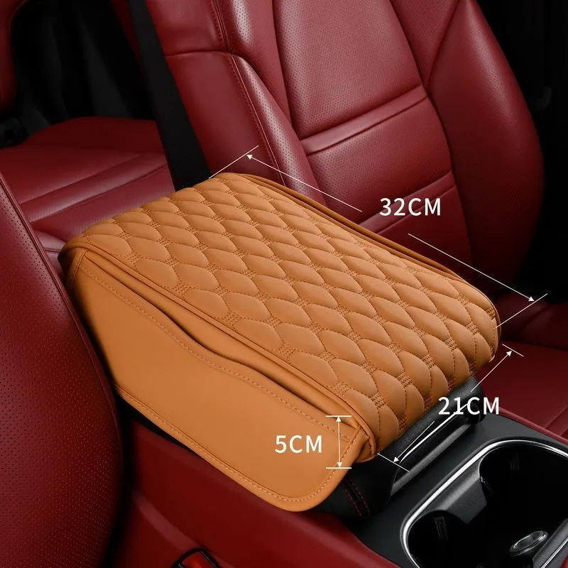 Leather car armrest box organiser in brown, measuring 32x22x5 cm for general vehicle models