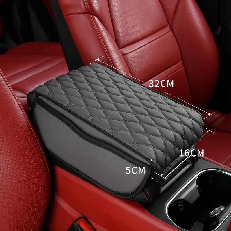 Leather car armrest box organiser in brown, measuring 32x22x5 cm for general vehicle models