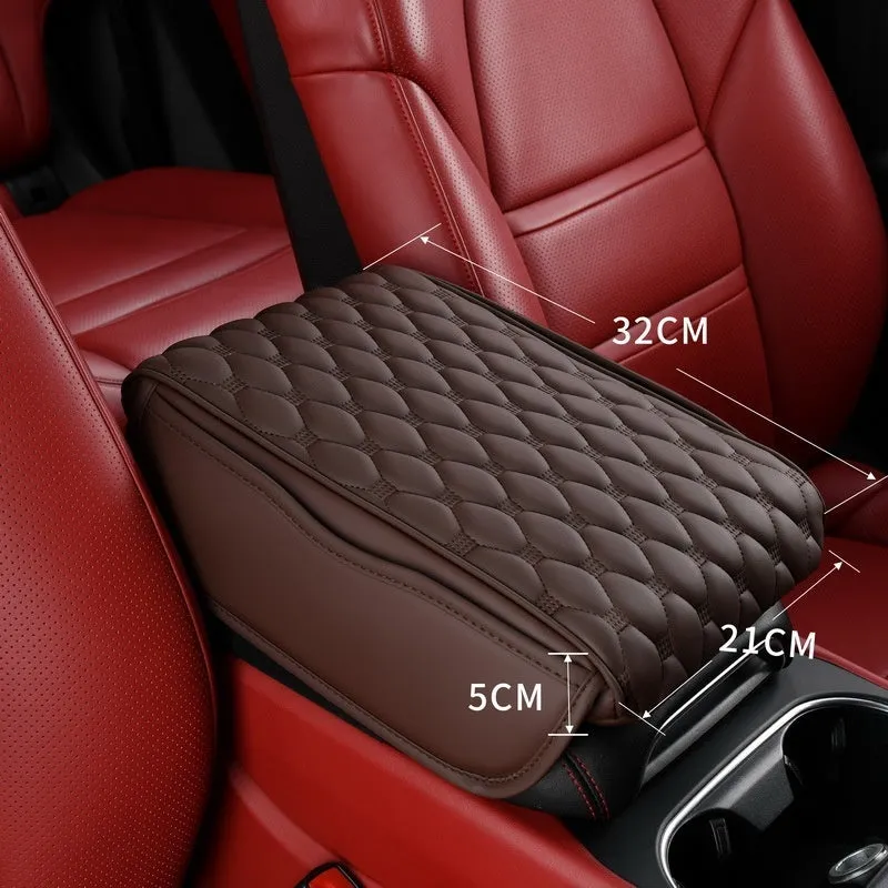 Leather car armrest box organiser in brown, measuring 32x22x5 cm for general vehicle models