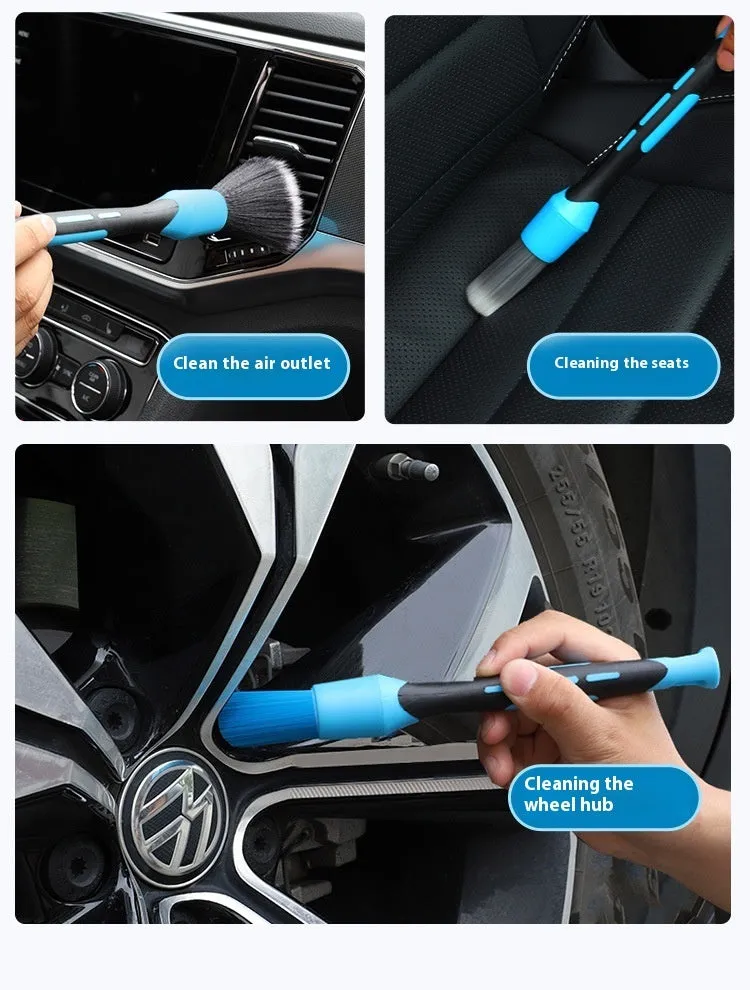 Blue detachable car wash brush set with 4 brush heads, 2 handles, and 2 elbow connectors on a workspace
