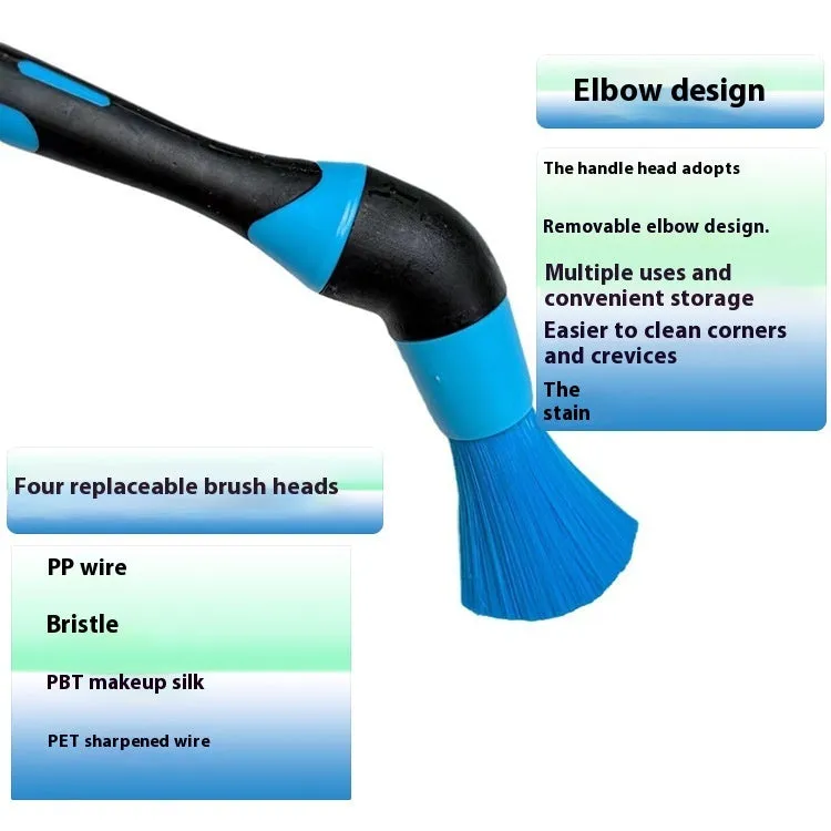 Blue detachable car wash brush set with 4 brush heads, 2 handles, and 2 elbow connectors on a workspace