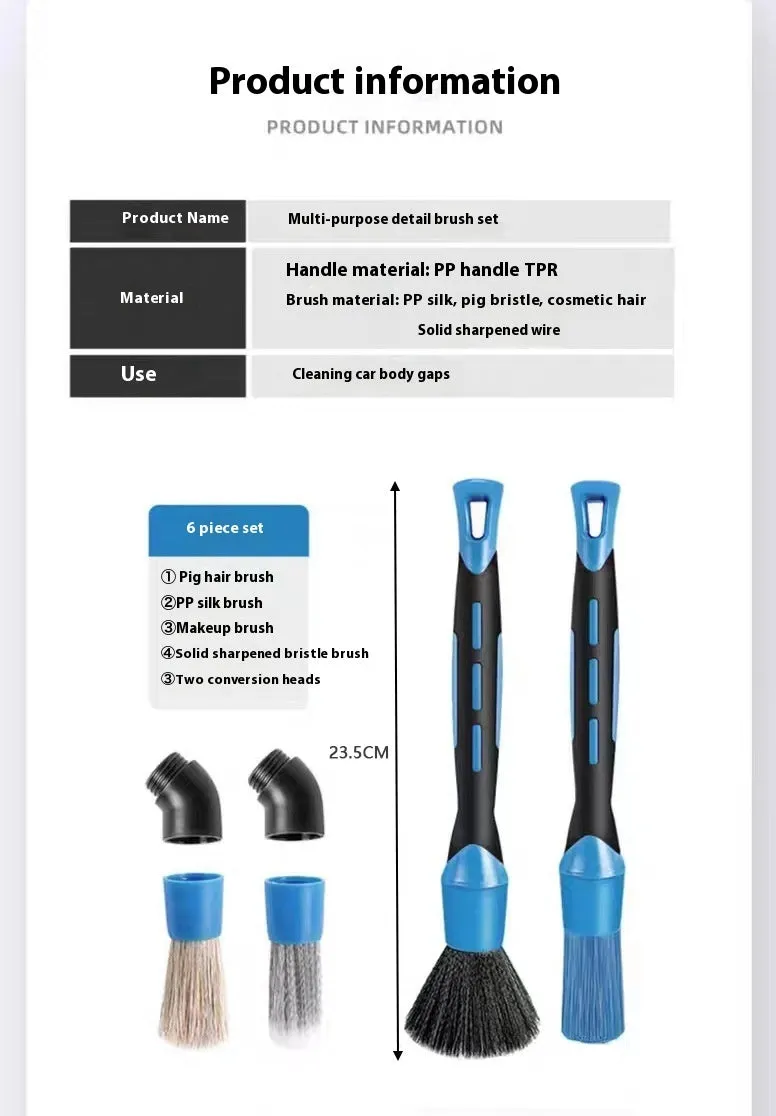 Blue detachable car wash brush set with 4 brush heads, 2 handles, and 2 elbow connectors on a workspace