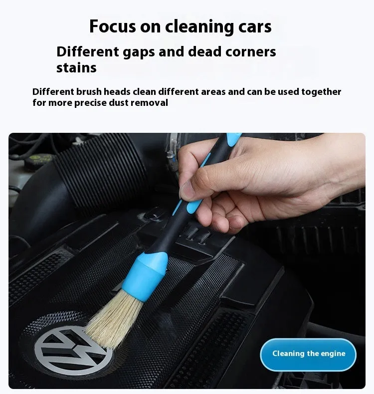 Blue detachable car wash brush set with 4 brush heads, 2 handles, and 2 elbow connectors on a workspace
