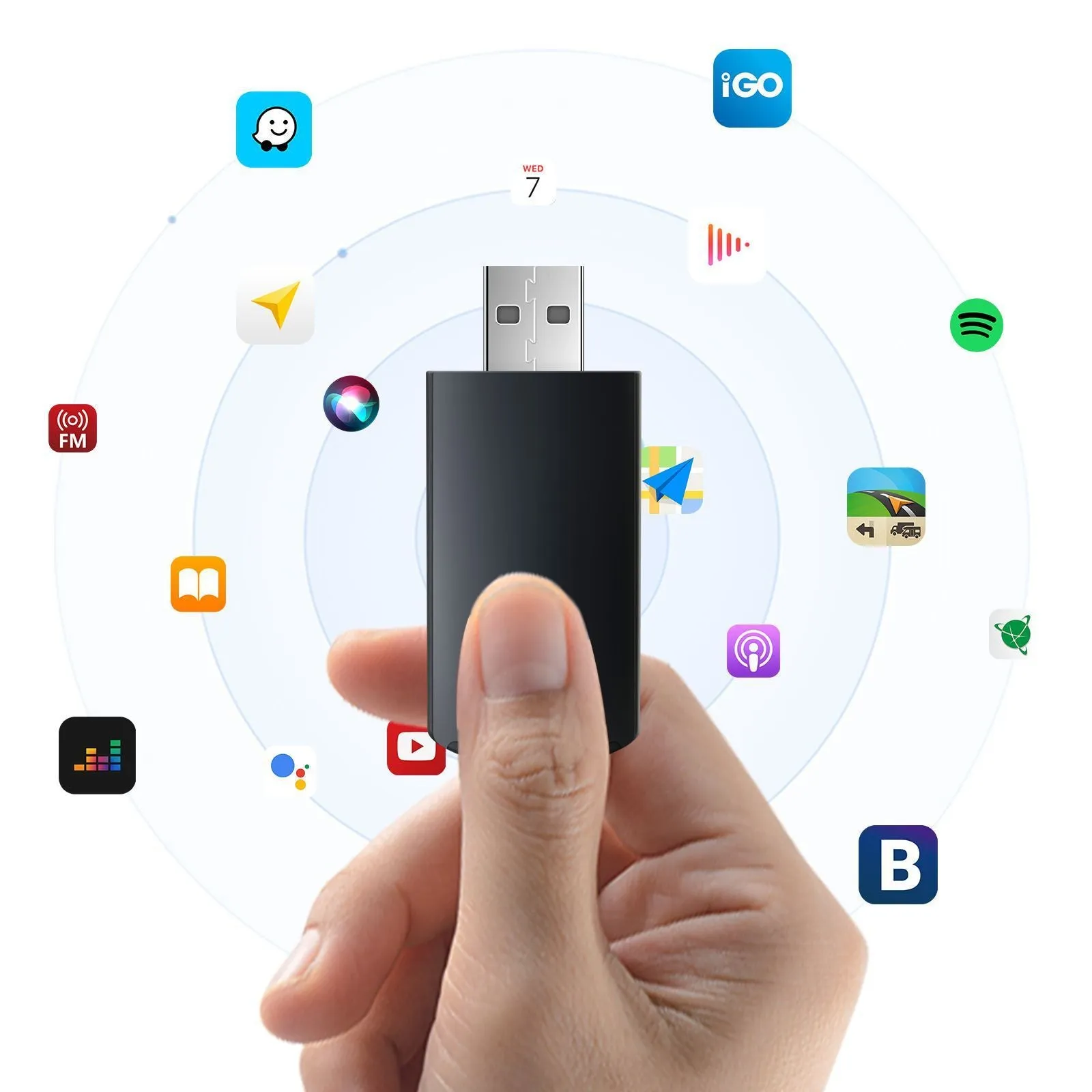 Compact ABS PC wireless CarPlay adapter module measuring 40x20x12mm for 2017+ vehicles