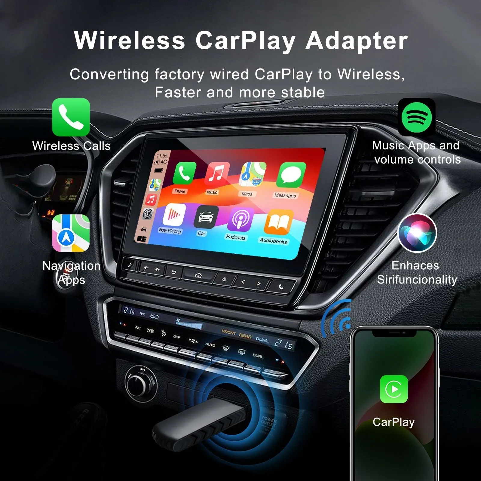 Compact ABS PC wireless CarPlay adapter module measuring 40x20x12mm for 2017+ vehicles