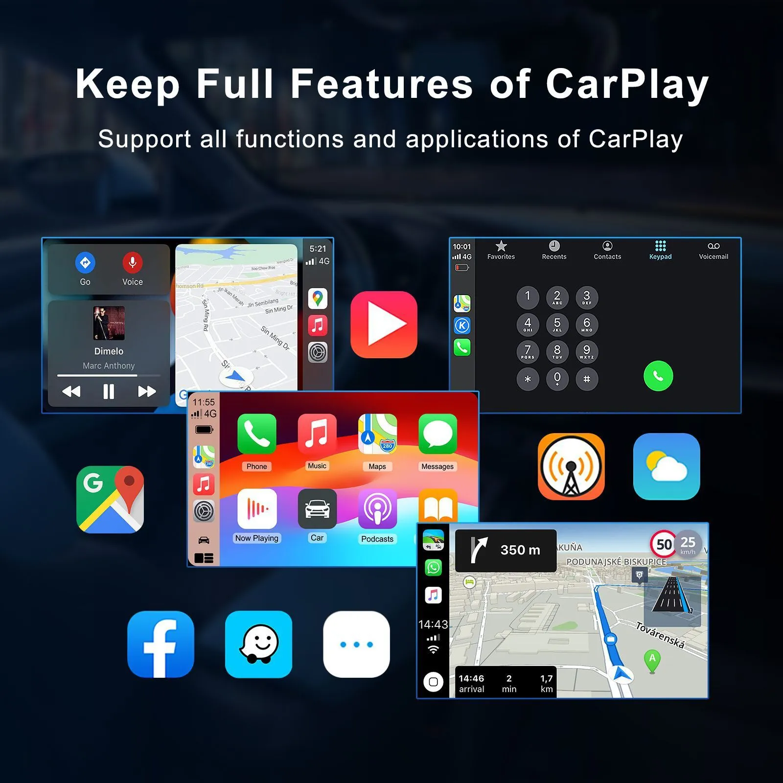 Compact ABS PC wireless CarPlay adapter module measuring 40x20x12mm for 2017+ vehicles