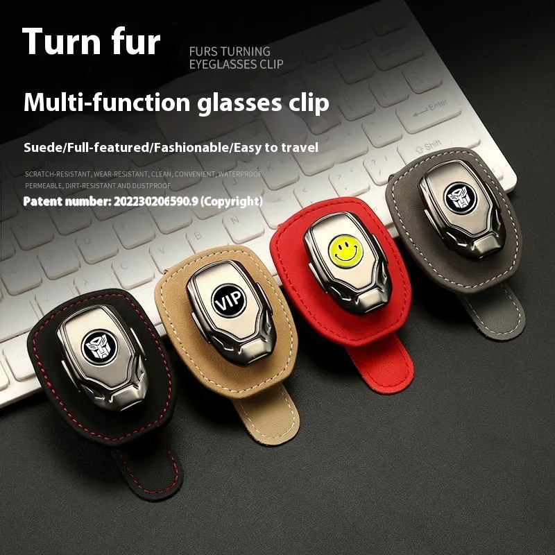Suede multifunctional glasses clip on car sun louver, beige colour, holding sunglasses, compact 9.5 x 5.3 cm size