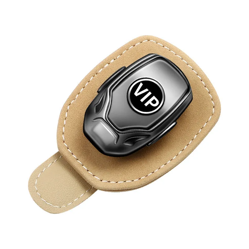 Suede multifunctional glasses clip on car sun louver, beige colour, holding sunglasses, compact 9.5 x 5.3 cm size