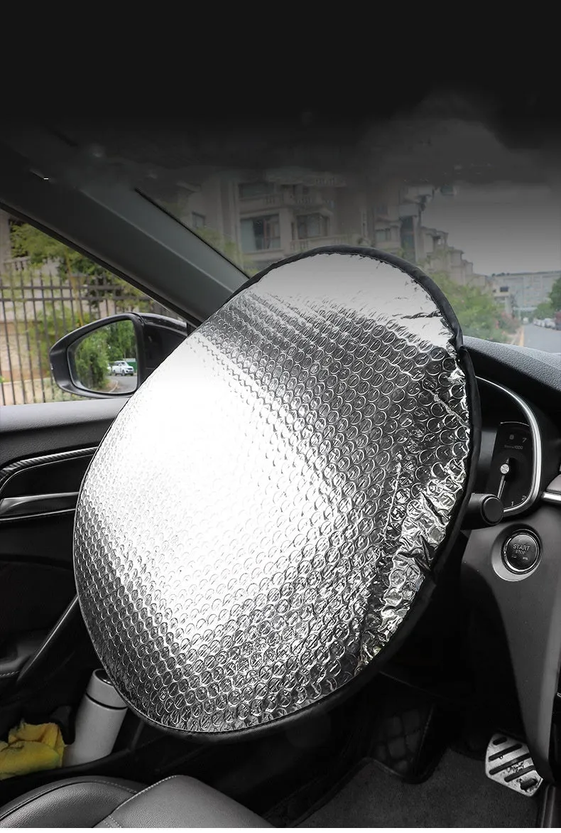 Car steering wheel sunshade cover in aluminium foil with brand LOGO pattern for universal fit heat protection