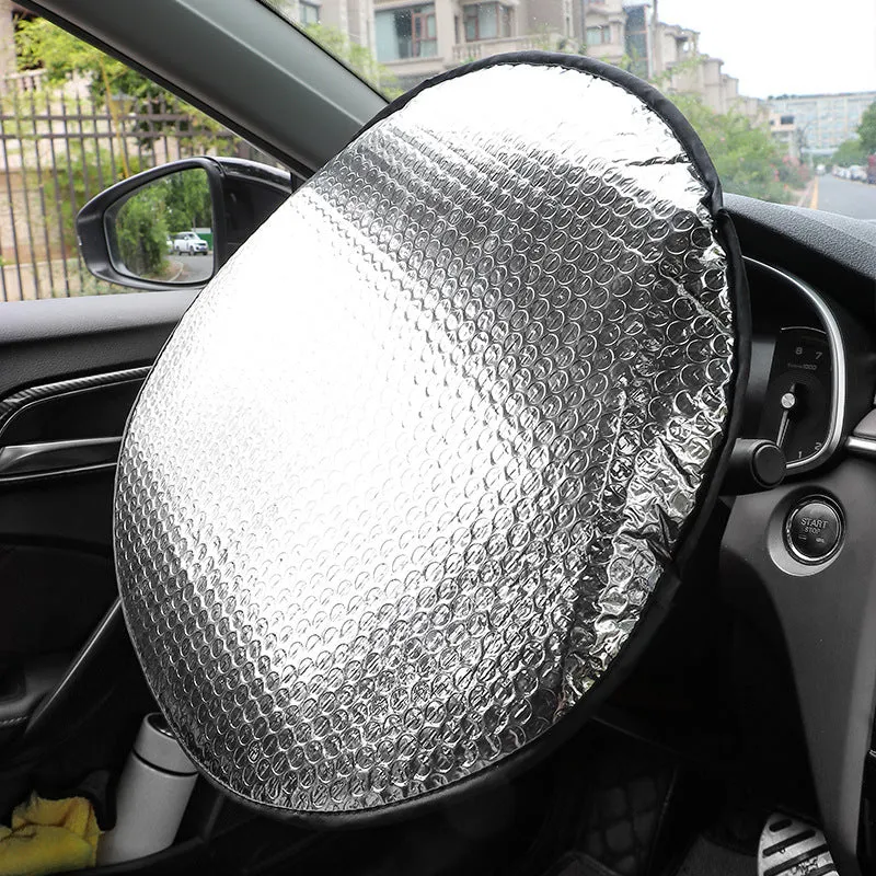 Car steering wheel sunshade cover in aluminium foil with brand LOGO pattern for universal fit heat protection