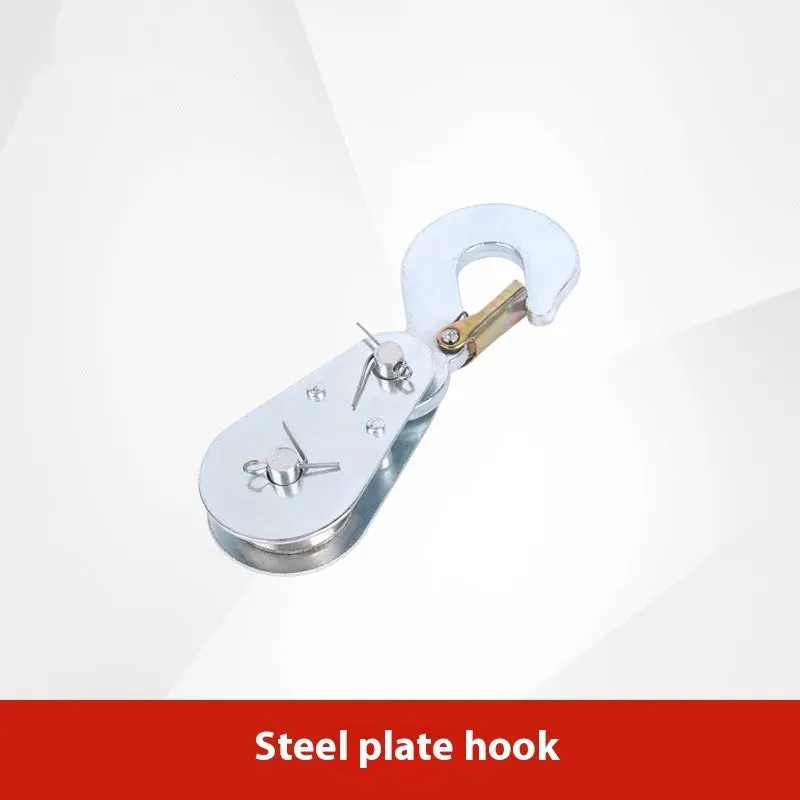 Red industrial forged steel lifting pulley with safety latch on hook for general load lifting.