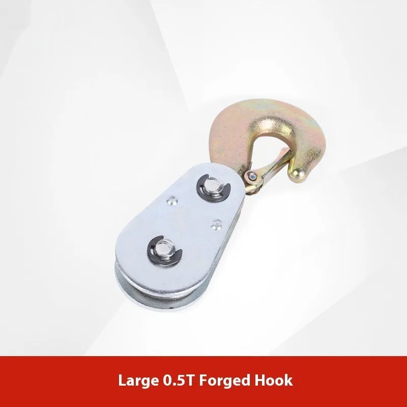 Red industrial forged steel lifting pulley with safety latch on hook for general load lifting.