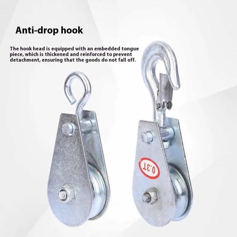 Red industrial forged steel lifting pulley with safety latch on hook for general load lifting.