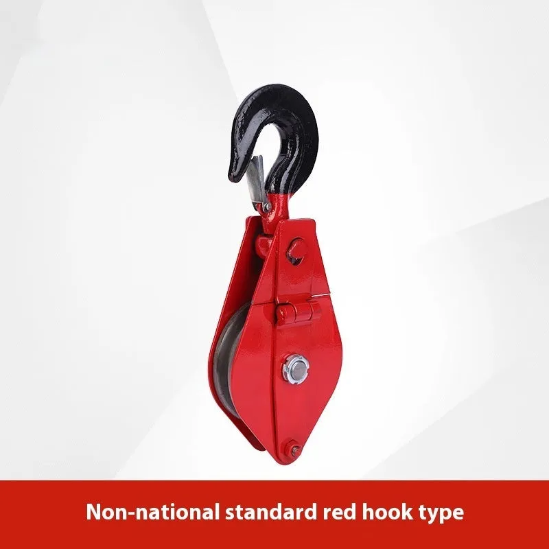 Red industrial forged steel lifting pulley with safety latch on hook for general load lifting.