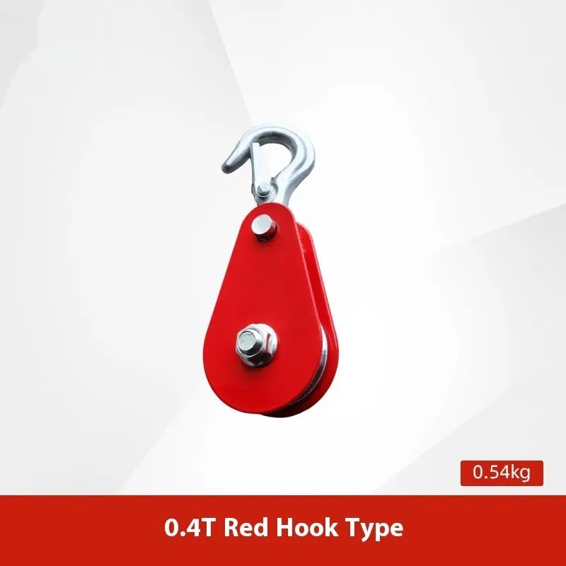 Red industrial forged steel lifting pulley with safety latch on hook for general load lifting.